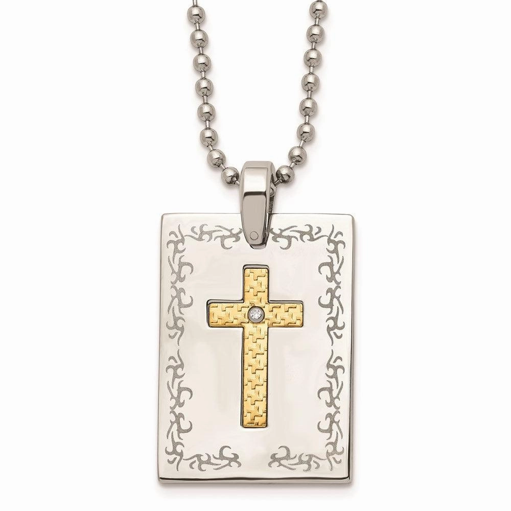 Stainless Steel w/18k Polished Laser Etched Square Cross Diamond Necklace