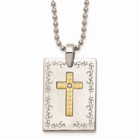 Stainless Steel w/18k Polished Laser Etched Square Cross Diamond Necklace