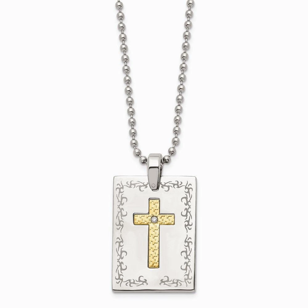 Stainless Steel w/18k Polished Laser Etched Square Cross Diamond Necklace