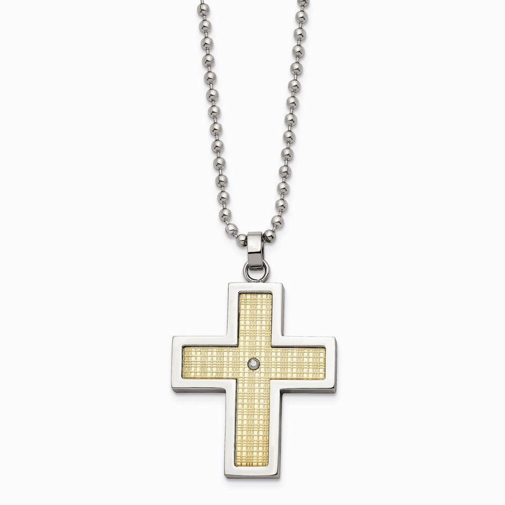 Stainless Steel w/18k Polished Textured Diamond Cross Necklace