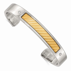 Stainless Steel w/18k Polished Textured Diamond Cuff Bracelet