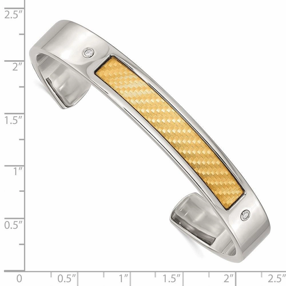 Stainless Steel w/18k Polished Textured Diamond Cuff Bracelet