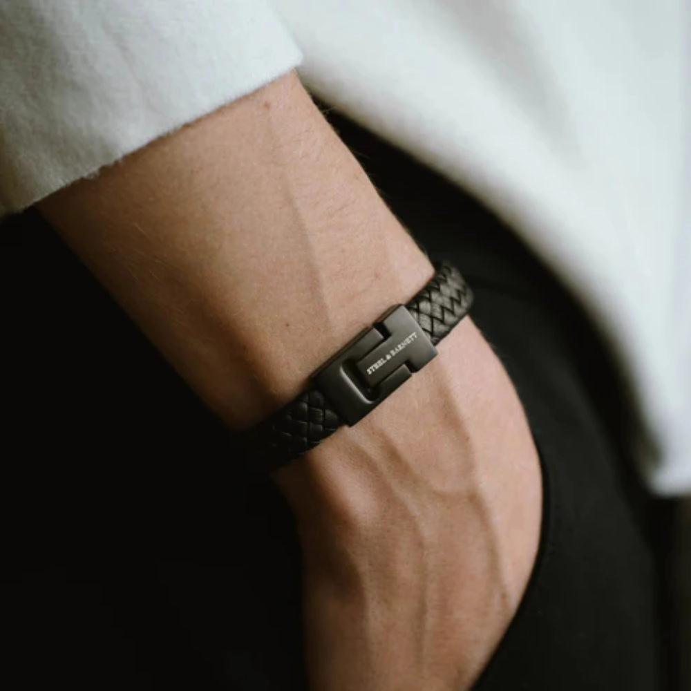 Steel & Barnett Men's Black Edition 12mm Black Leather Bracelet