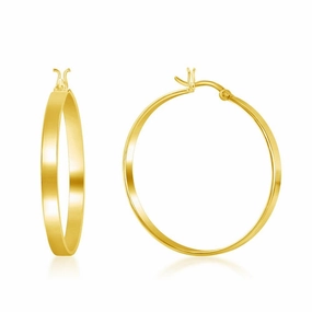 Steling Silver 4x35mm Flat Hoop Earrings - Gold Plated