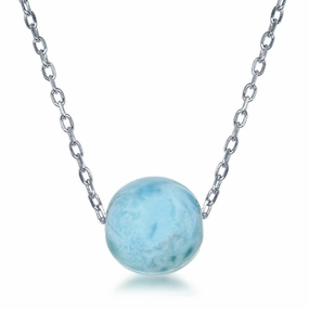 Sterling Silver 10MM Round Larimar Bead Necklace