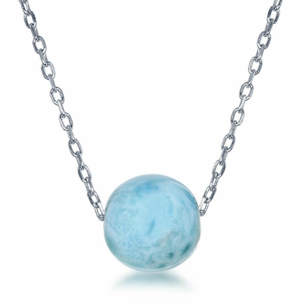 Sterling Silver 10MM Round Larimar Bead Necklace