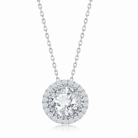 Sterling Silver 12mm Round Halo Cubic Zirconia Necklace
