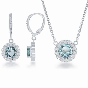 Sterling Silver 16 2 Inch December Birthstone With  CZ Border Round Earrings and Necklace Set