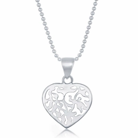 Sterling Silver 17 Inch Diamond Cut Bead Chain With Flat Heart Necklace