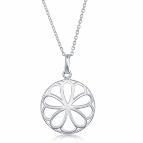 Sterling Silver 17 Inch Round With Flower Necklace