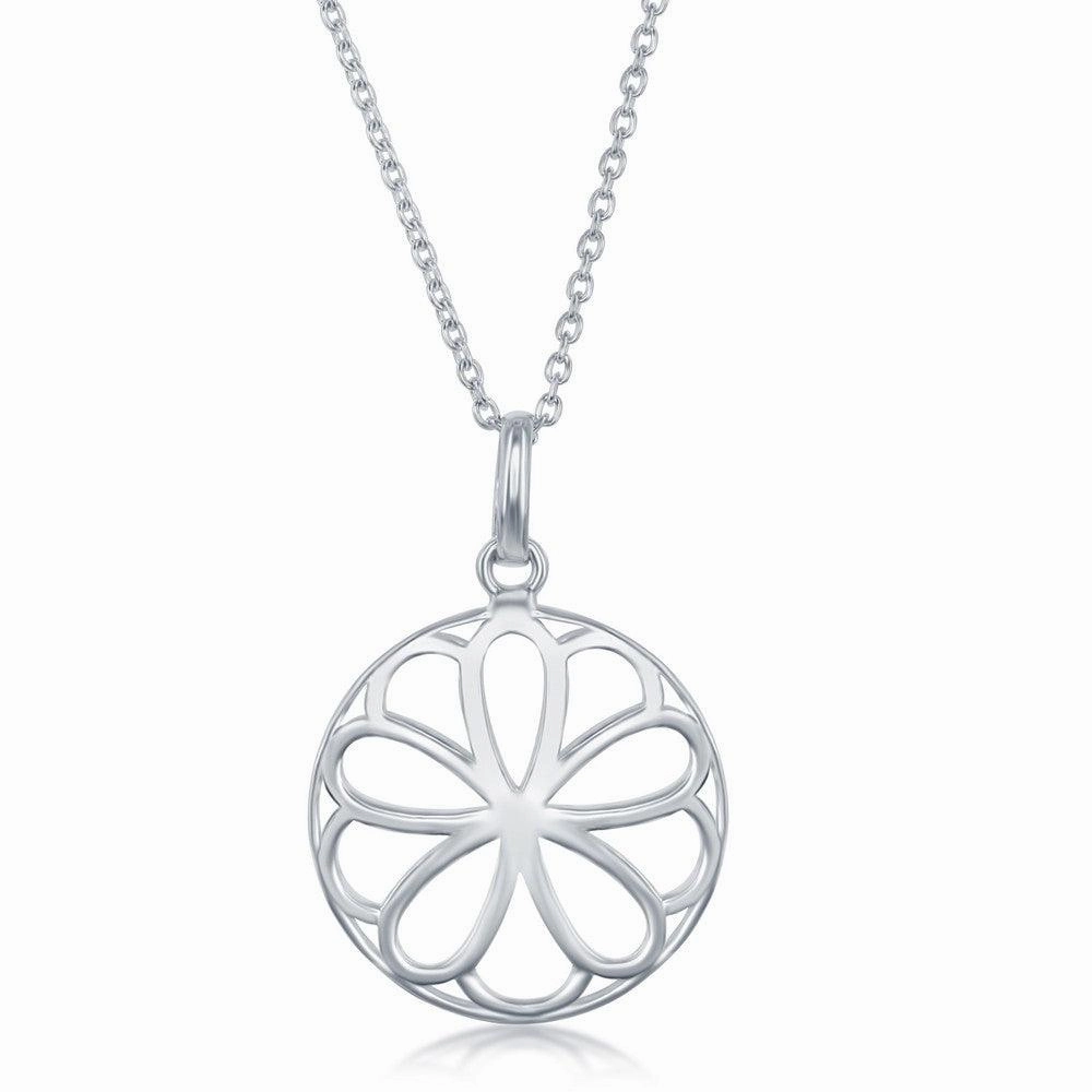 Sterling Silver 17 Inch Round With Flower Necklace