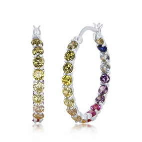 Sterling Silver 3x25mm Inside-Outside Rainbow CZ Hoop Earrings