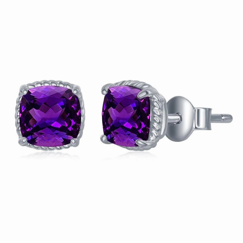 Sterling Silver 6mm Cushion Cut Amethyst Earrings