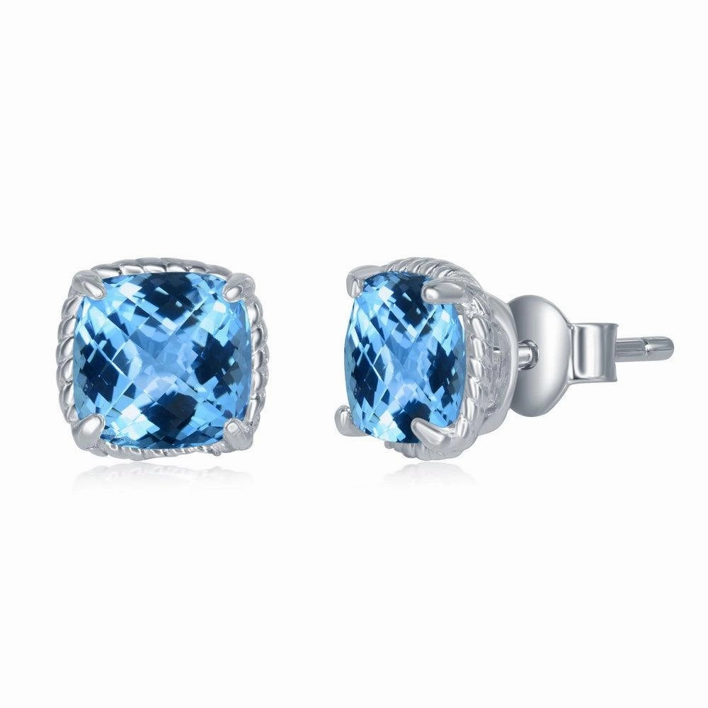 Sterling Silver 6mm Cushion Cut Blue Topaz Earrings