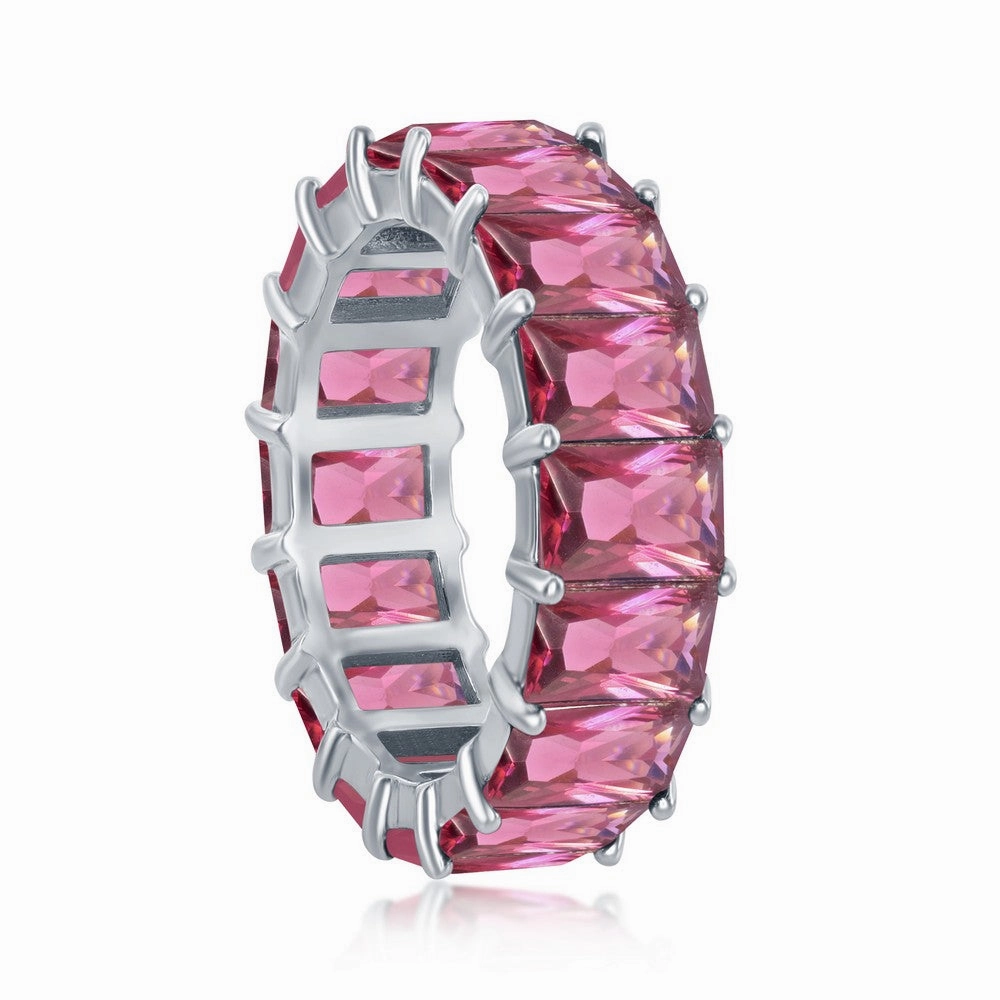 Sterling Silver 6mm Ruby CZ Emerald-Cut-Cut Eternity Band Ring - W-2333