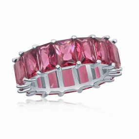 Sterling Silver 6mm Ruby CZ Emerald-Cut-Cut Eternity Band Ring - W-2333
