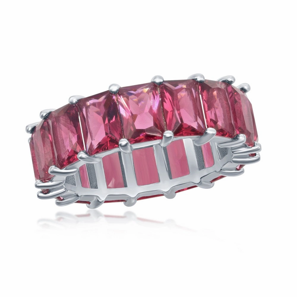 Sterling Silver 6mm Ruby CZ Emerald-Cut-Cut Eternity Band Ring - W-2333