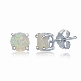 Sterling Silver 6mm White Opal Round Stud Earrings