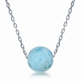 Sterling Silver 8mm Larimar Bead Necklace