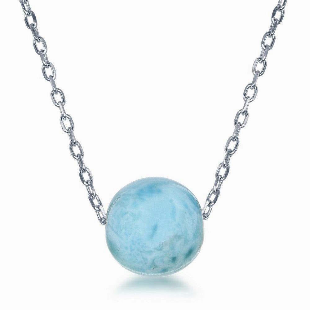 Sterling Silver 8mm Larimar Bead Necklace