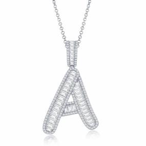 Sterling Silver A Initial Baguette CZ Pendant Chain