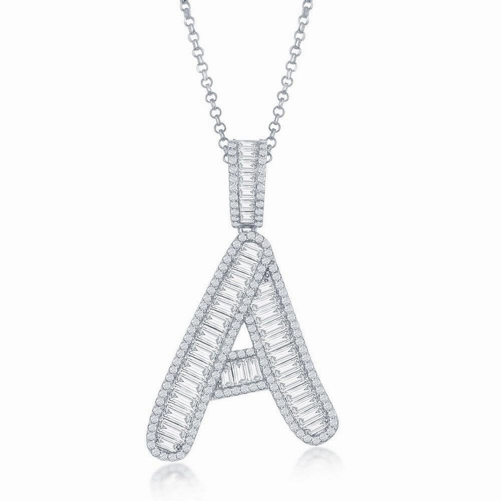 Sterling Silver A Initial Baguette CZ Pendant Chain