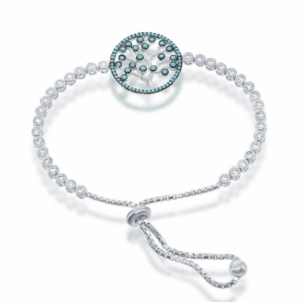 Sterling Silver Adjustable Round Turquoise and CZ Tree Bracelet