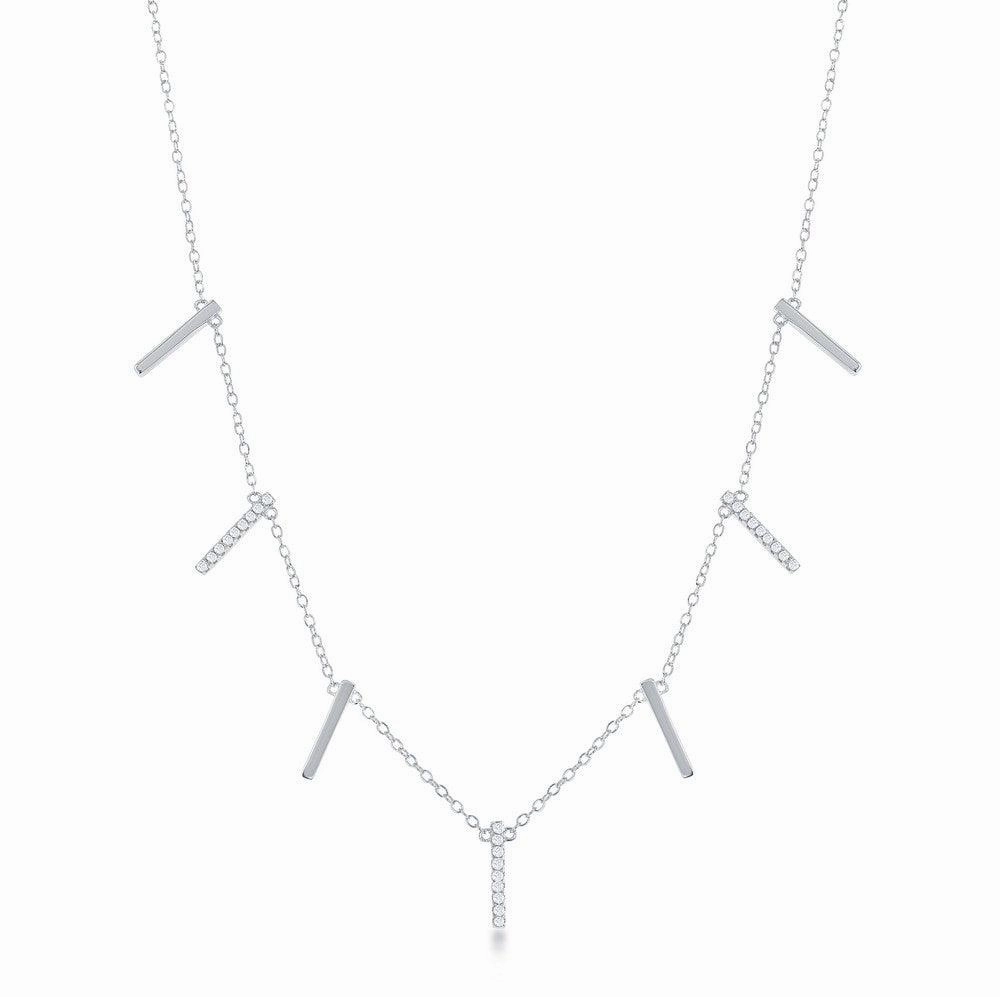 Sterling Silver Alternating Plain & CZ Vertical Bars Necklace
