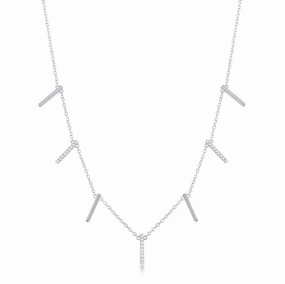 Sterling Silver Alternating Plain & CZ Vertical Bars Necklace