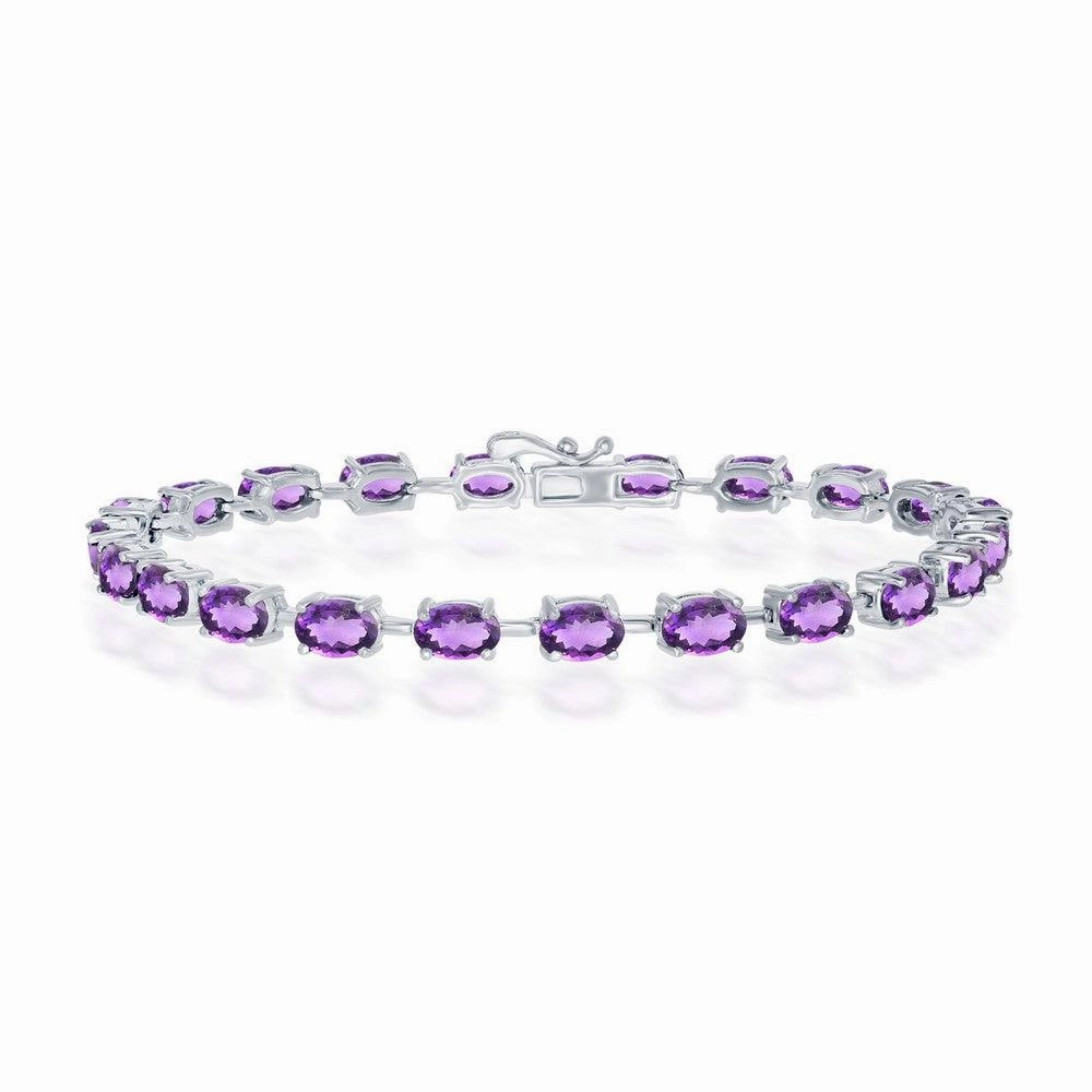 Sterling Silver Amethyst Oval Gemstone Link Tennis Bracelet