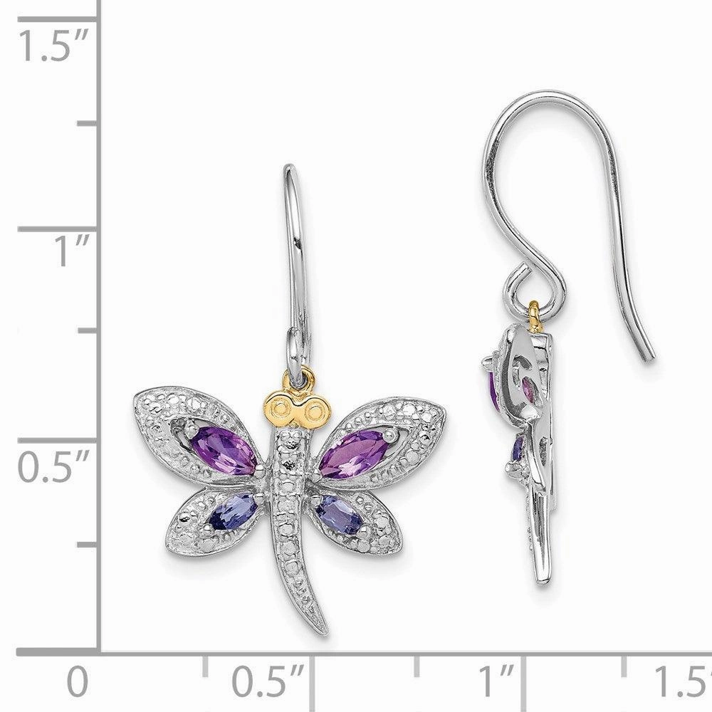 Sterling Silver & 14K Amethyst and Iolite and Diamond Dragonfly Earrings
