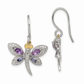 Sterling Silver & 14K Amethyst and Iolite and Diamond Dragonfly Earrings