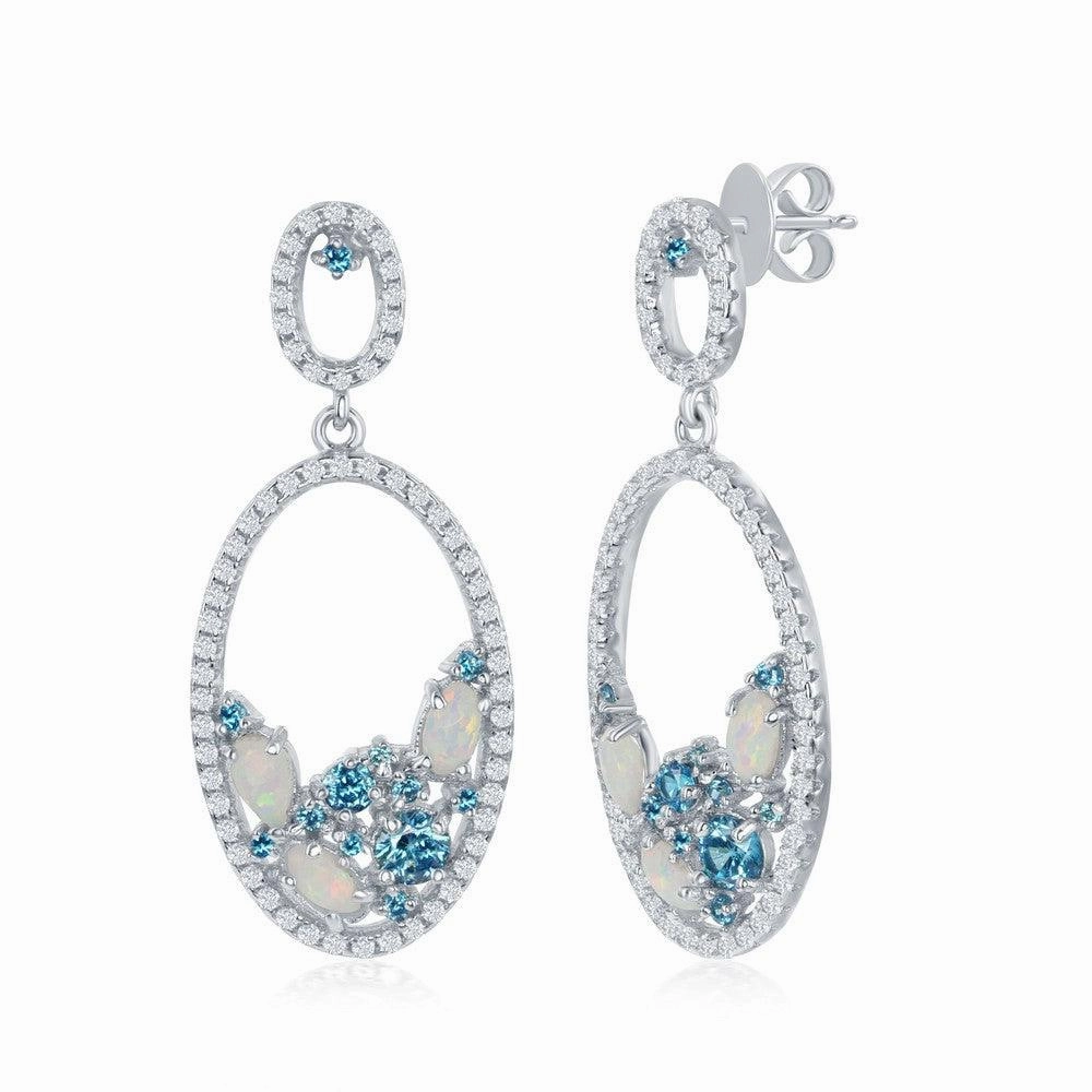 Sterling Silver Blue and White CZ Oval Earrings