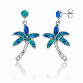 Sterling Silver Blue Inlay CZ Palm Tree Earrings