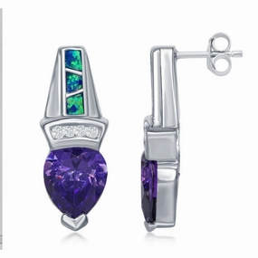 Sterling Silver Blue Inlay Opal and CZ Bar Earrings