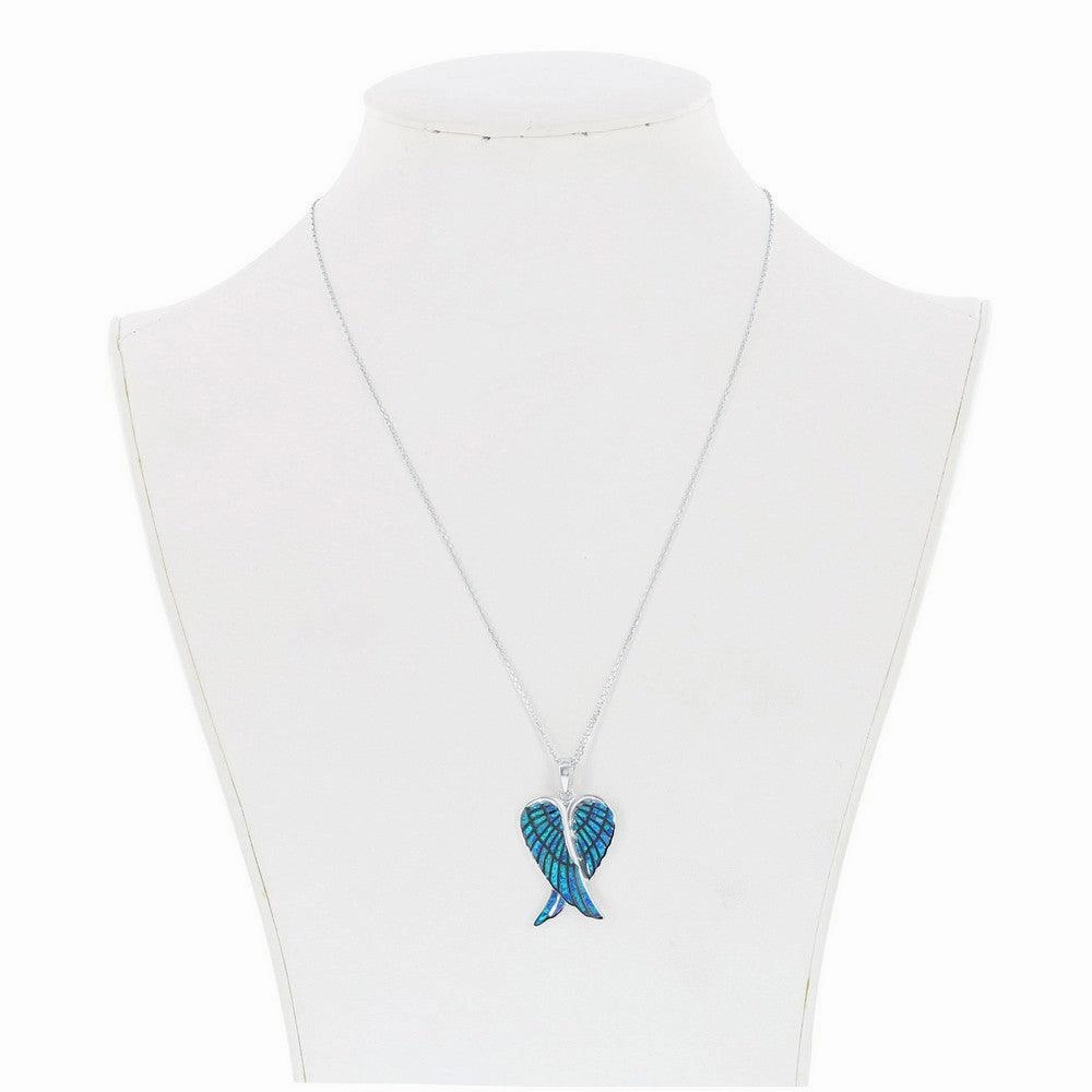 Sterling Silver Blue Inlay Opal Angel Wings Pendant