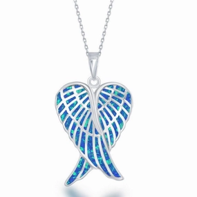 Sterling Silver Blue Inlay Opal Angel Wings Pendant