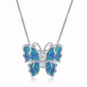 Sterling Silver Blue Inlay Opal Butterfly Pendant