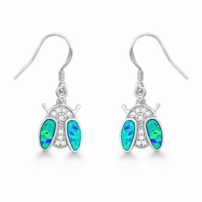 Sterling Silver Blue Inlay Opal CZ Ladybug Earrings