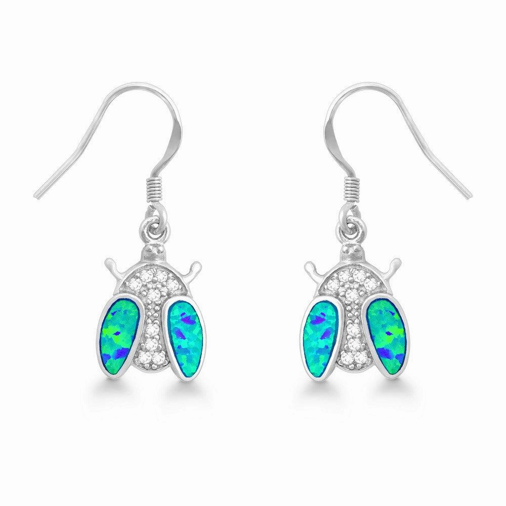 Sterling Silver Blue Inlay Opal CZ Ladybug Earrings