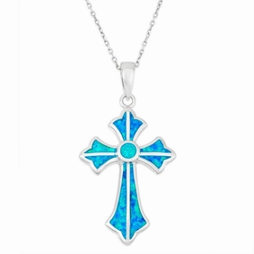 Sterling Silver Blue Inlay Opal Fancy Cross Pendant