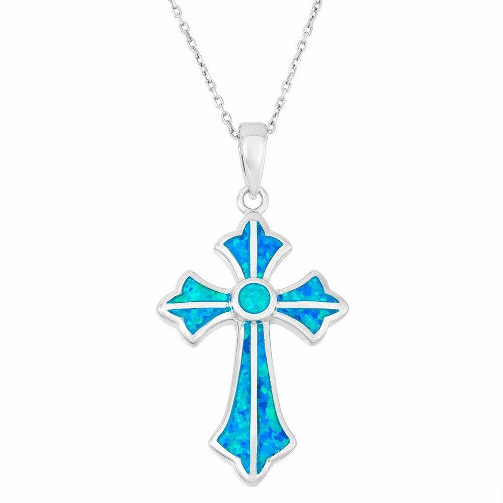 Sterling Silver Blue Inlay Opal Fancy Cross Pendant
