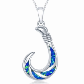 Sterling Silver Blue Inlay Opal Fish Hook Pendant
