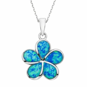 Sterling Silver Blue Inlay Opal Flower Pendant