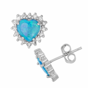 Sterling Silver Blue Inlay Opal Heart Stud Earrings