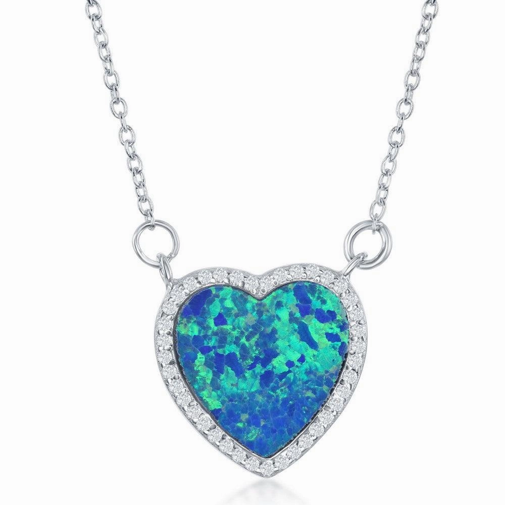 Sterling Silver Blue Inlay Opal Heart with CZ Border Necklace