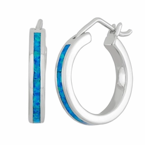 Sterling Silver Blue Inlay Opal Hoop Earrings