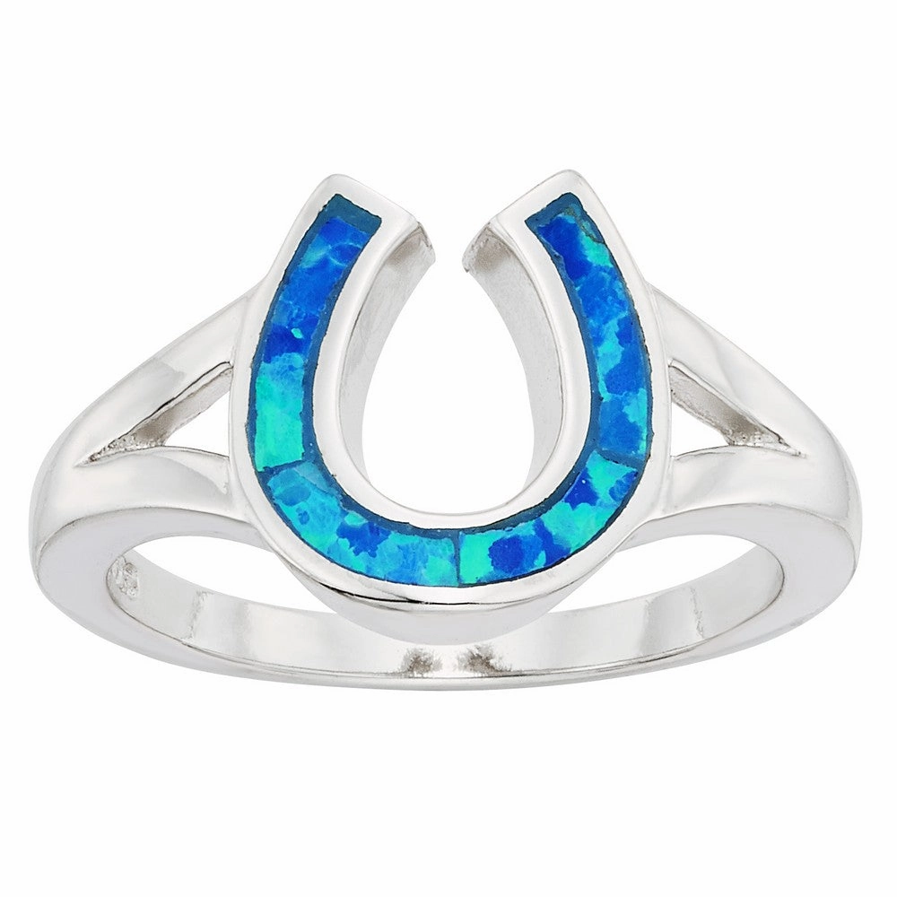 Sterling Silver Blue Inlay Opal Horseshoe Ring - W-9916