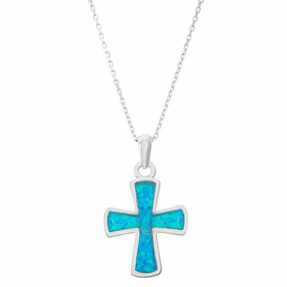 Sterling Silver Blue Inlay Opal Round Cross Pendant