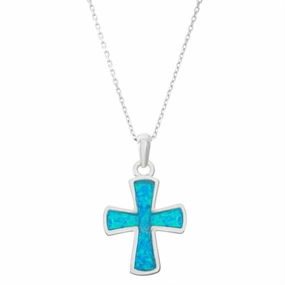 Sterling Silver Blue Inlay Opal Round Cross Pendant